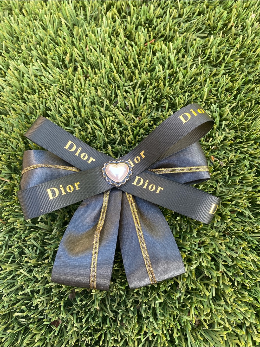 Dior Handmade Black Ribbon Hair Clip with Gold Logo and Heart Center